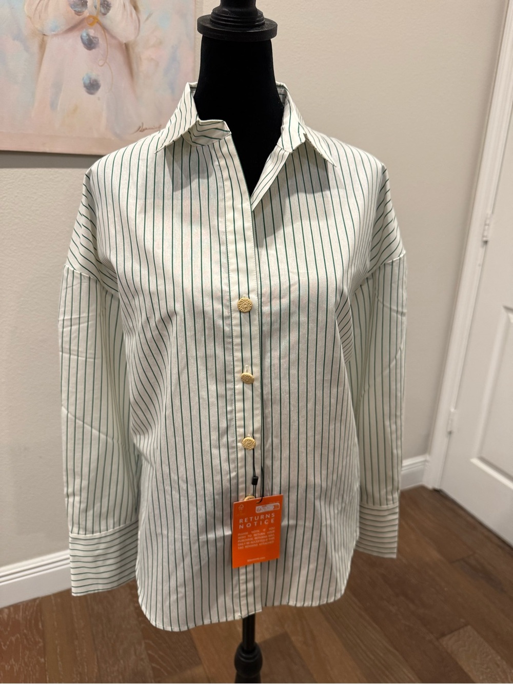 LK Bennett White Shirt with Green Pinstripes Loose Fit